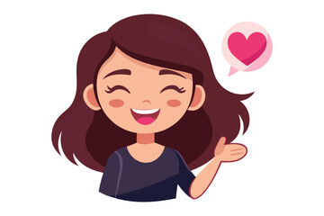 Joyful Character with Love Bubble: An animated girl with wavy brown hair, her eyes crinkled in delight, radiates affection and positivity as a heart-shaped thought bubble hovers above her.
