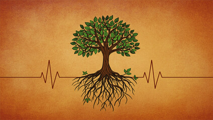 Nature's heartbeat represented by a tree with vibrant leaves and roots against a warm background