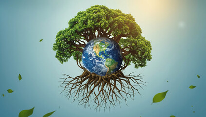 Green tree growing from globe symbolizes environmental protection and sustainability efforts in nature conservation