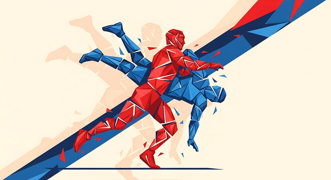 Two stylized polygonal wrestlers, one red and one blue, engaged in a dynamic throw.