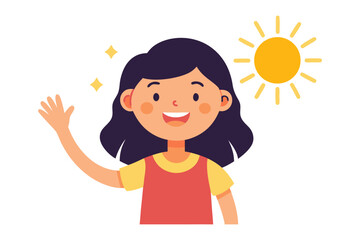 Friendly Hello and Sunny Skies: A cheerful young girl waves a welcoming hand under a radiant sun, inviting warmth and happiness. 