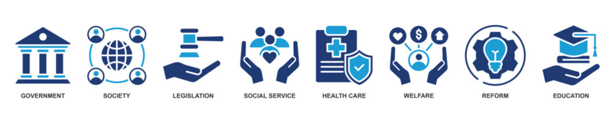 Banner of Social Policy web vector illustration with icons of government, society, legislation, social service, healthcare, welfare, reform and education.