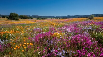 Fototapeta premium Vibrant Wildflower Field Under Bright Blue Sky in Valley Landscape