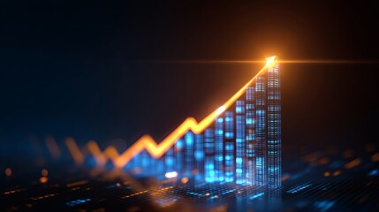 Glowing golden arrow graph ascends sharply over abstract futuristic cityscape with blue digital data streams