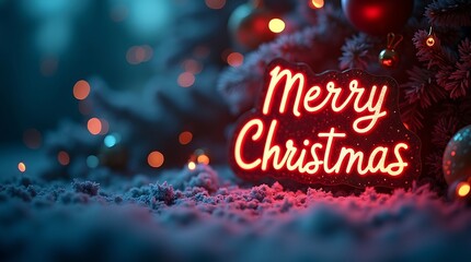 Glowing merry christmas neon sign in snowy winter scene