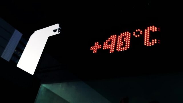Madrid, Spain. An urban digital thermometer shows 40 degrees Celsius at 9:24 PM on a warm night in the city&rsquo;s financial district.