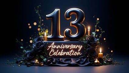 Elegant 13th anniversary celebration still life with black and gold number, candles, and roses on a dark background, perfect for festive occasions and romantic events