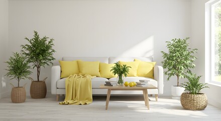 Modern Living Room with White Sofa, Yellow Accents, and Indoor Plants
