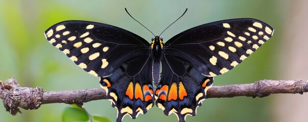 A beautiful black butterfly with yellow spots resting on a branch