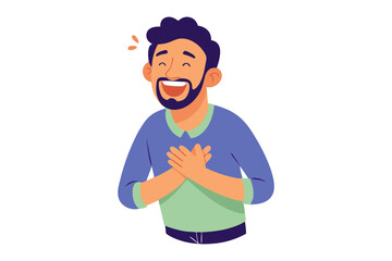 Glee and Gratitude: A cheerful man exudes pure happiness and appreciation, with a genuine smile that lights up his face. He places his hands over his heart to illustrate pure gratitude and happiness.