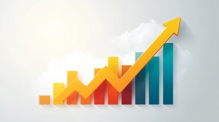 Upward trending financial growth chart with colorful bars and a prominent yellow arrow indicating progress and success