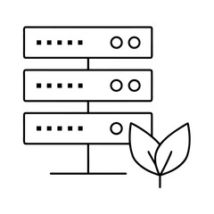 Green data center server rack outline with eco friendly symbol for sustainable technology and cloud computing concepts