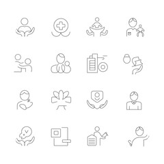 Fototapeta premium Social Policy Line Icon Set – Healthcare, Family, Education, Law, Insurance, and Protection Vector Collection