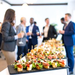 Elegant cocktail reception with canap?s and blurred background of diverse guests