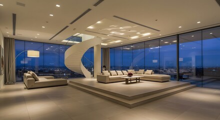 Modern Luxury Living Room with Spiral Staircase and City View at Dusk