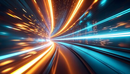 Abstract digital tunnel of vibrant light streaks, conveying speed and technological advancement.