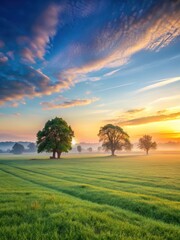 Fototapeta premium wide open field with trees in distance at sunrise