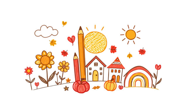 Childlike drawing of autumnal scene with houses, pumpkins, pencils, and sunflowers.