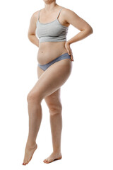 Liposuction. Woman in underwear on white background, closeup