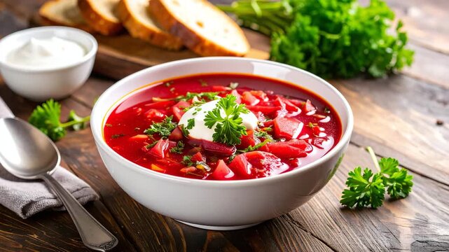 A flavorful bowl of vibrant red beetroot soup served with bread slices and a dollop of sour cream