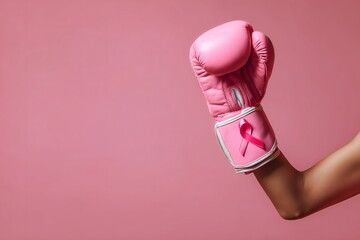 Close-up of a raised pink boxing glove with a breast cancer awareness ribbon symbolizing strength and fight against cancer on a pink background.
