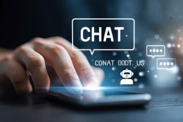 Hand taps a smartphone with CHAT in a speech bubble alongside chatbot  message icons