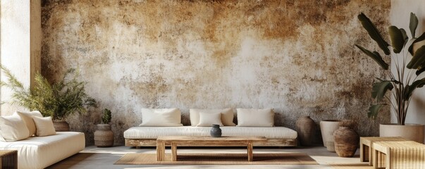 Interior design shows a living room with natural warm tones