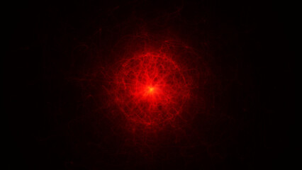 Intense glowing red plasma sphere with swirling filaments on dark background, high resolution sci-fi abstract art.