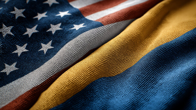 Unity through flags celebrating american and ukrainian cultures together textile art close-up vibrant colors