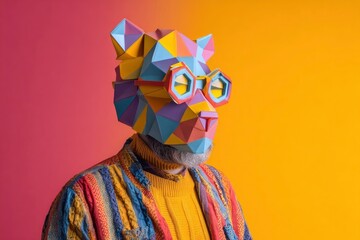 Fototapeta premium Man in a vibrant polygonal cat mask beard visible colorful striped jacket over a yellow sweater against a gradient pinktoyellow backdrop