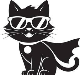 Funny Hero Cat Wearing Sunglasses Black Silhouette Vector