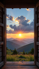 Sunrise view through rustic cabin window over mountains