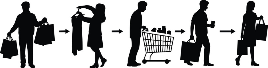 PrintCustomer shopping process, retail store journey, people buying, product selection, cart checkout, carrying bags, vector silhouette illustration