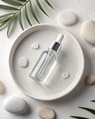 Clear serum bottle with dropper on textured dish surrounded by smooth stones and green leaves glass liquid