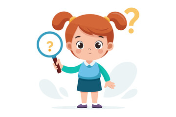 Little Explorer's Question: A curious young girl with a magnifying glass in hand, searching for answers, a playful depiction of inquiry and learning.