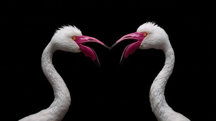 Vibrant flamingos engage in a lively display of affection against a dark backdrop during a serene moment in nature