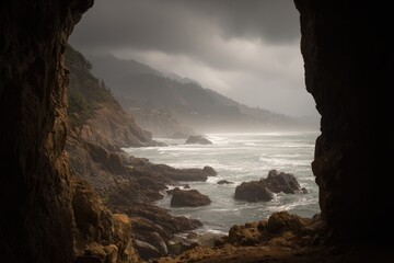 Stormy ocean vista from a cave opening