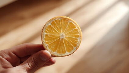 A close-up of an orange slice being held by a hand, with its vibrant orange color and juicy texture highlighted against a soft gray carpet in a modern living room setting. 