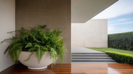 Lush green fern in a large white planter against a textured wall and modern architecture with outdoor steps and manicured hedge