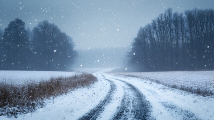 Fototapeta premium Minimalist snow-covered landscape during blizzard, heavy snowfall creating dramatic winter scene perfect for backgrounds, seasonal décor, and nature concepts.