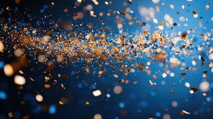 Confetti explosion in Pantone academic blue and gold with flying notebook paper fragments and chalk dust celebration, education-themed vector design