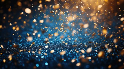 Confetti explosion in Pantone academic blue and gold with flying notebook paper fragments and chalk dust celebration, education-themed vector design