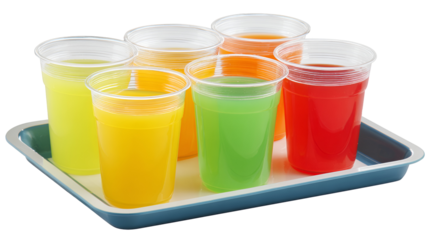 Colorful drinks in plastic cups on a tray