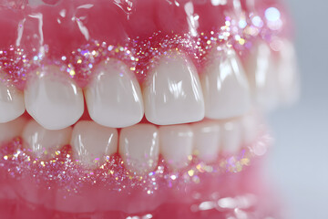 High quality 3D rendered denture set showing gleaming white teeth with realistic gum texture, highlighting dental prosthetics and oral care Dental care background