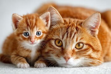 Adorable ginger cat and kitten lying together on a soft blanket, creating a heartwarming scene of feline companionship