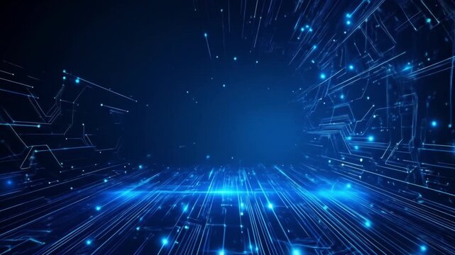 Futuristic Dark-Tech Circuit Board with Glowing Neon Blue Data Lines, Cyberpunk Digital Background for Technology Intros, High-Tech Presentations, and Sci-Fi Video Animations