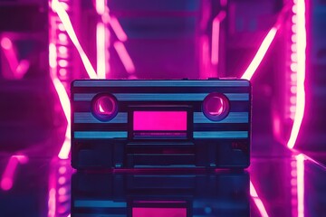 Retro boombox stereo system with neon pink and blue lights glowing vibrantly