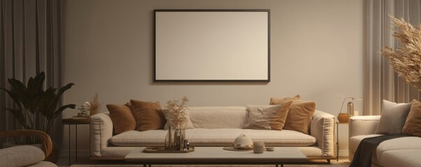 Cozy living room interior features modern furniture and blank framed art
