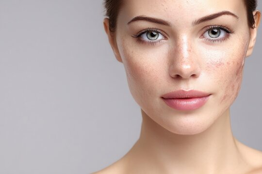 Portrait of a fairskinned woman facing forward with freckles and some skin discoloration