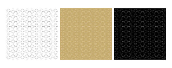 Seamless geometric pattern set on a white, yellow, and black background, with repeated diamond or hexagonal shapes formed by dashed lines. 